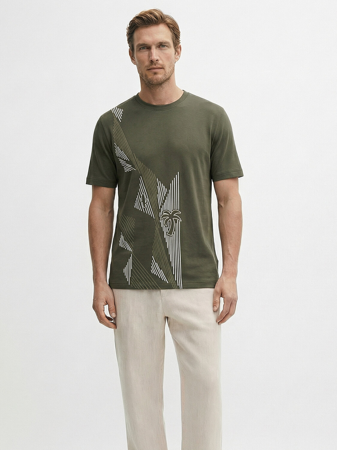 Haki Pamuk Dokulu Regular Fit Tişört