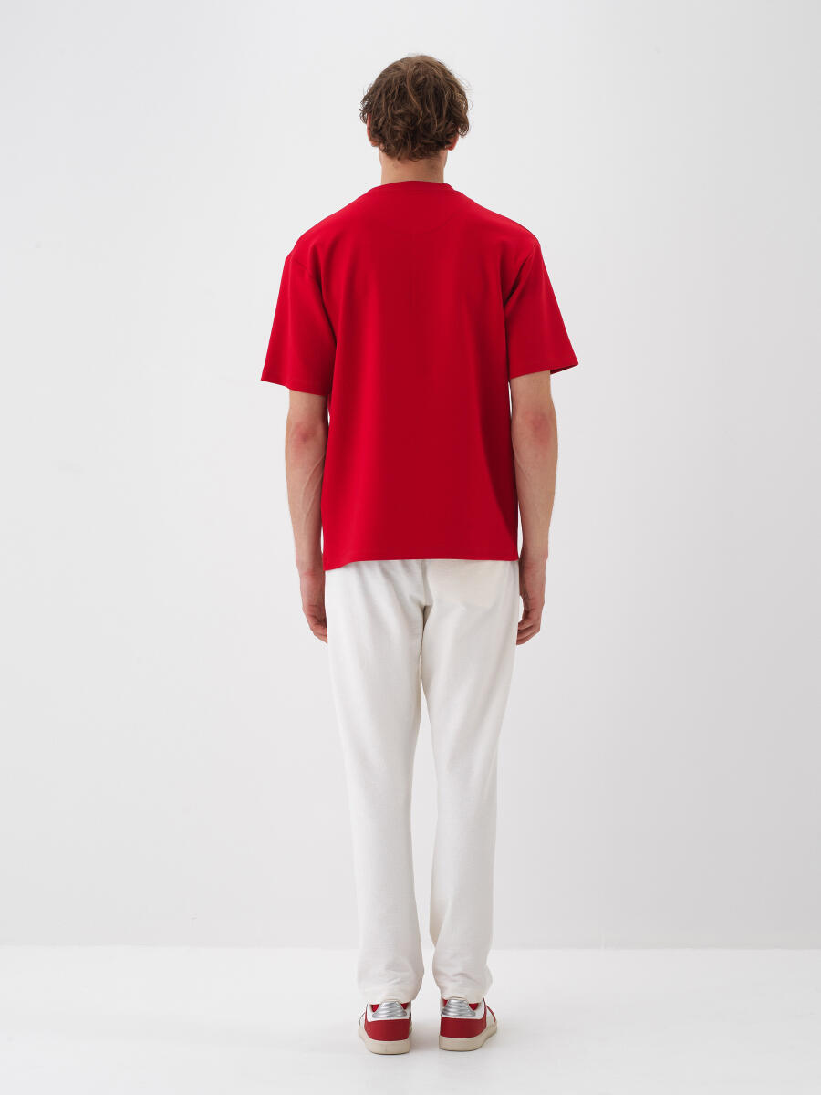 Kırmızı Pamuk Dokulu Oversize Tişört - 5