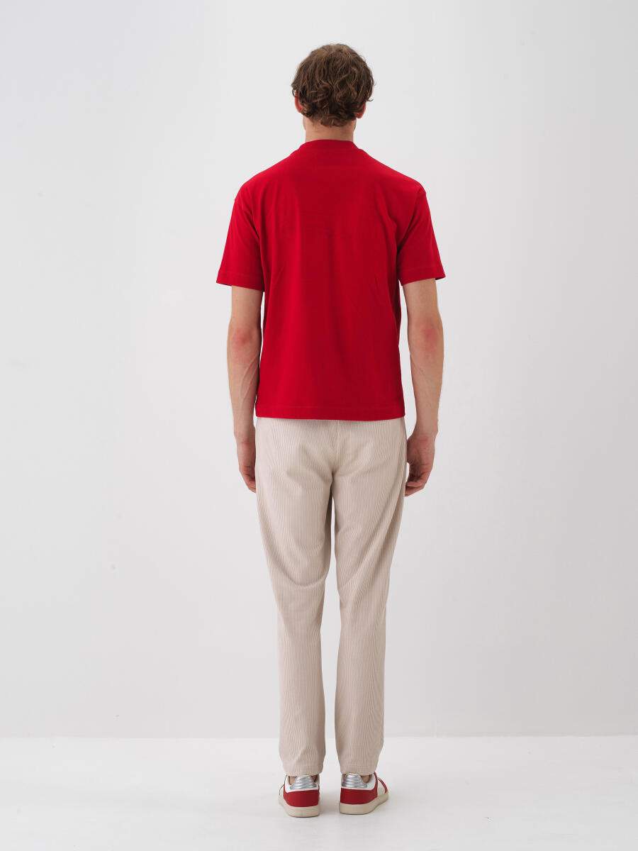 Kırmızı Pamuk Dokulu Regular Fit Tişört - 4