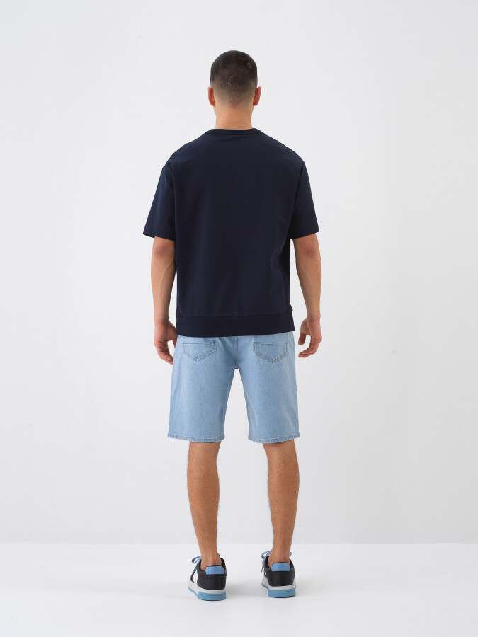Lacivert Pamuk Dokulu Oversize Tişört - 5