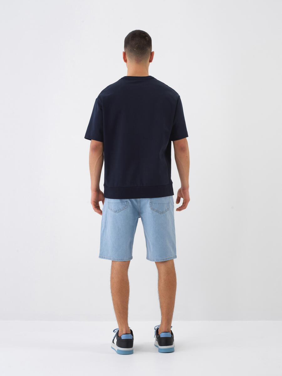 Lacivert Pamuk Dokulu Oversize Tişört - 5