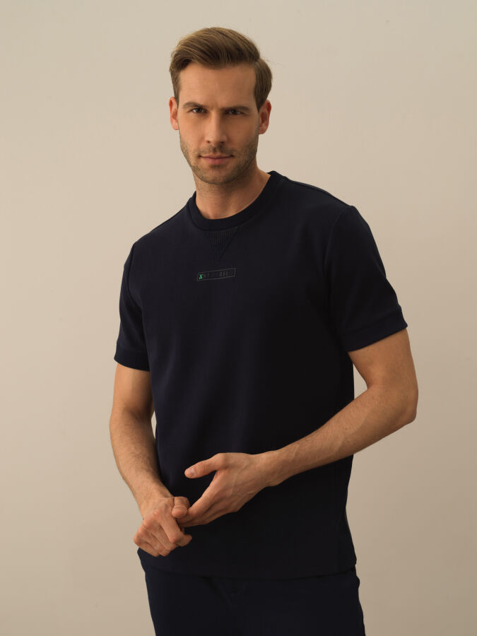 Lacivert Pamuk Dokulu Regular Fit Tişört - Xint