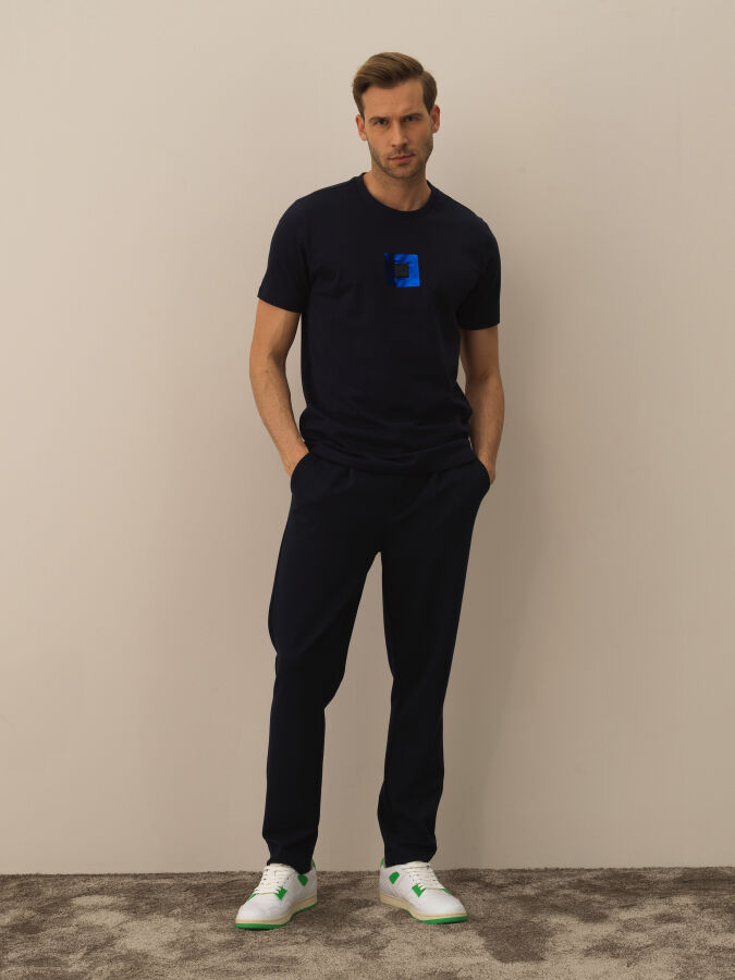 Lacivert Pamuk Dokulu Regular Fit Tişört - Xint