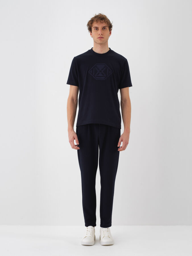 Lacivert Pamuk Dokulu Regular Fit Tişört - Xint