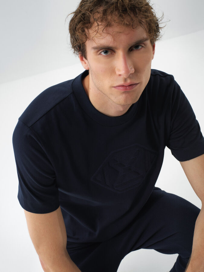 Lacivert Pamuk Dokulu Regular Fit Tişört - Xint