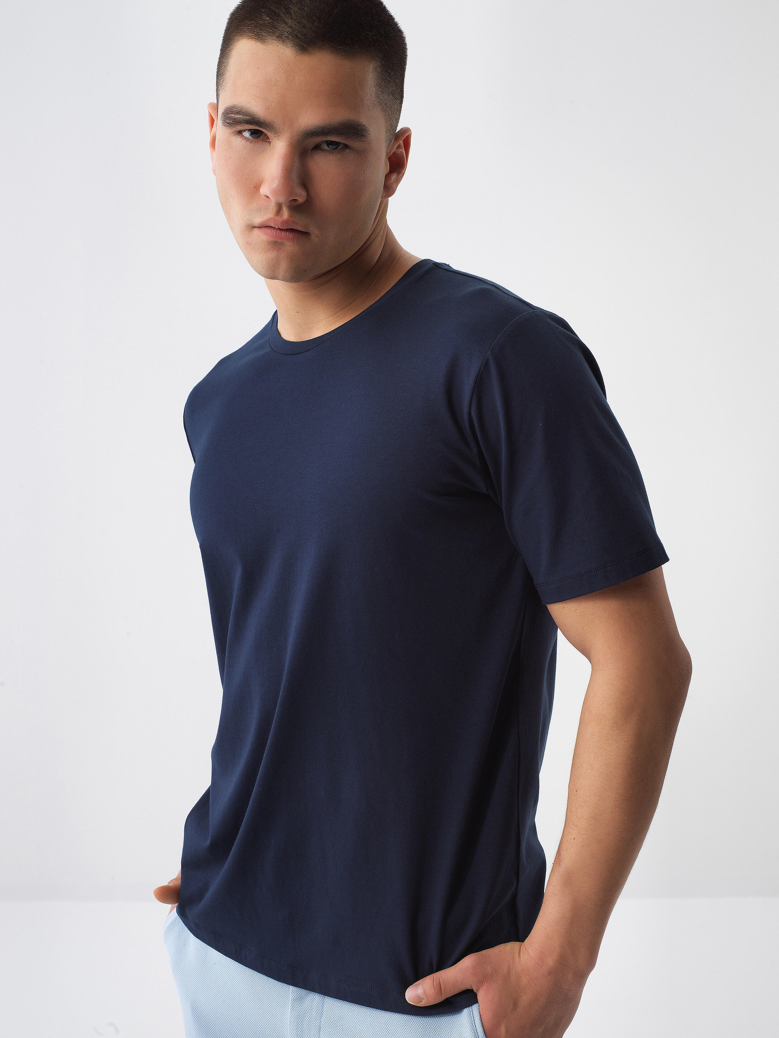 Lacivert Pamuk Dokulu Slim Fit Tişört - 1