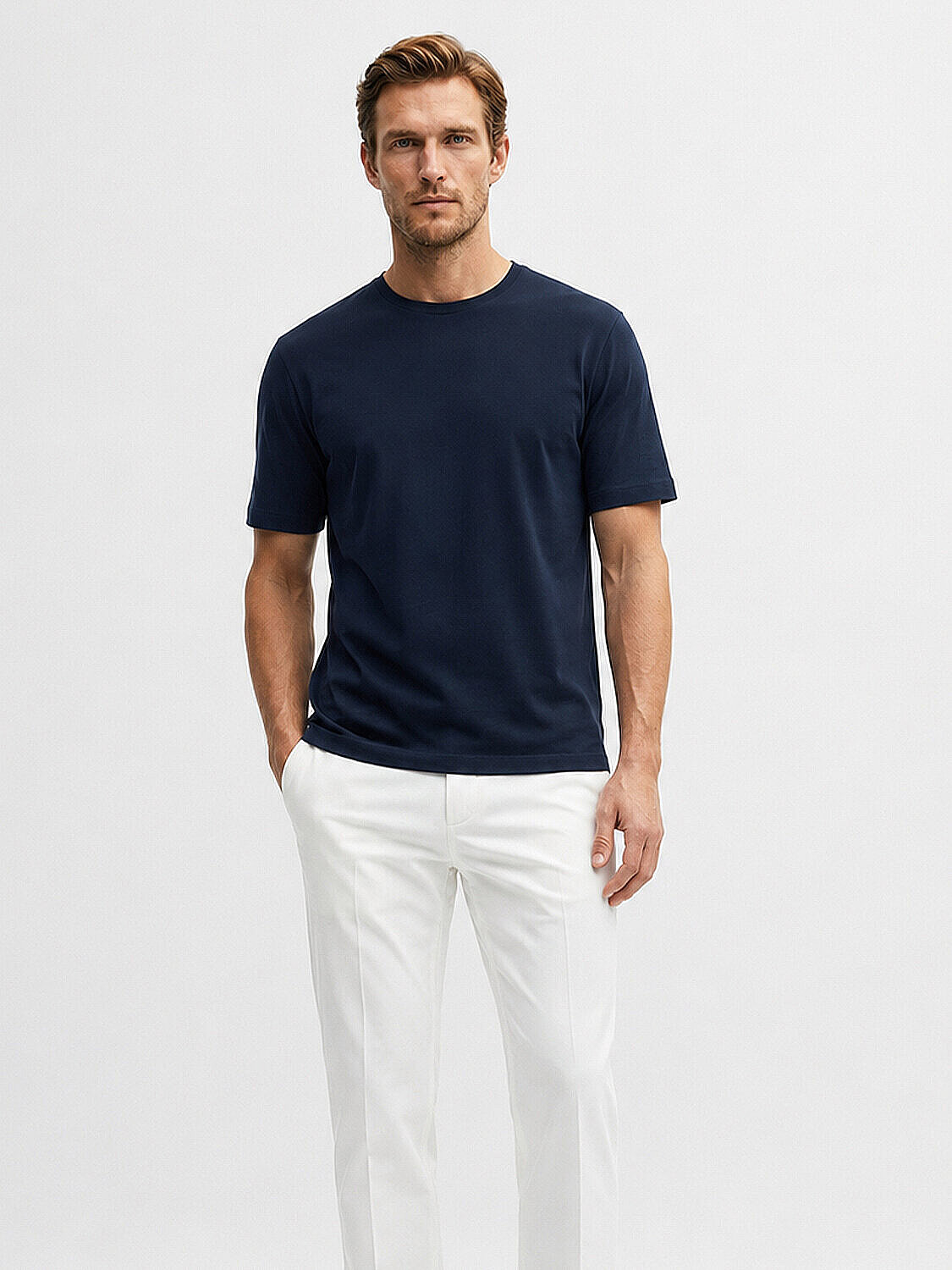 Lacivert Pamuk Dokulu Slim Fit Tişört
