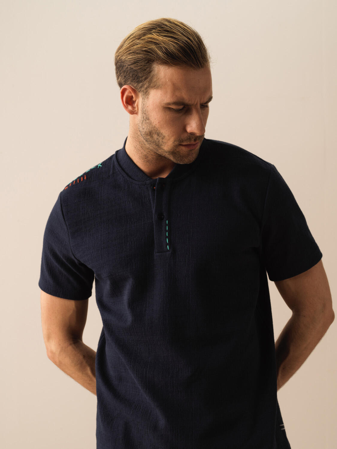 Lacivert Pamuk Dokulu Regular Fit Tişört