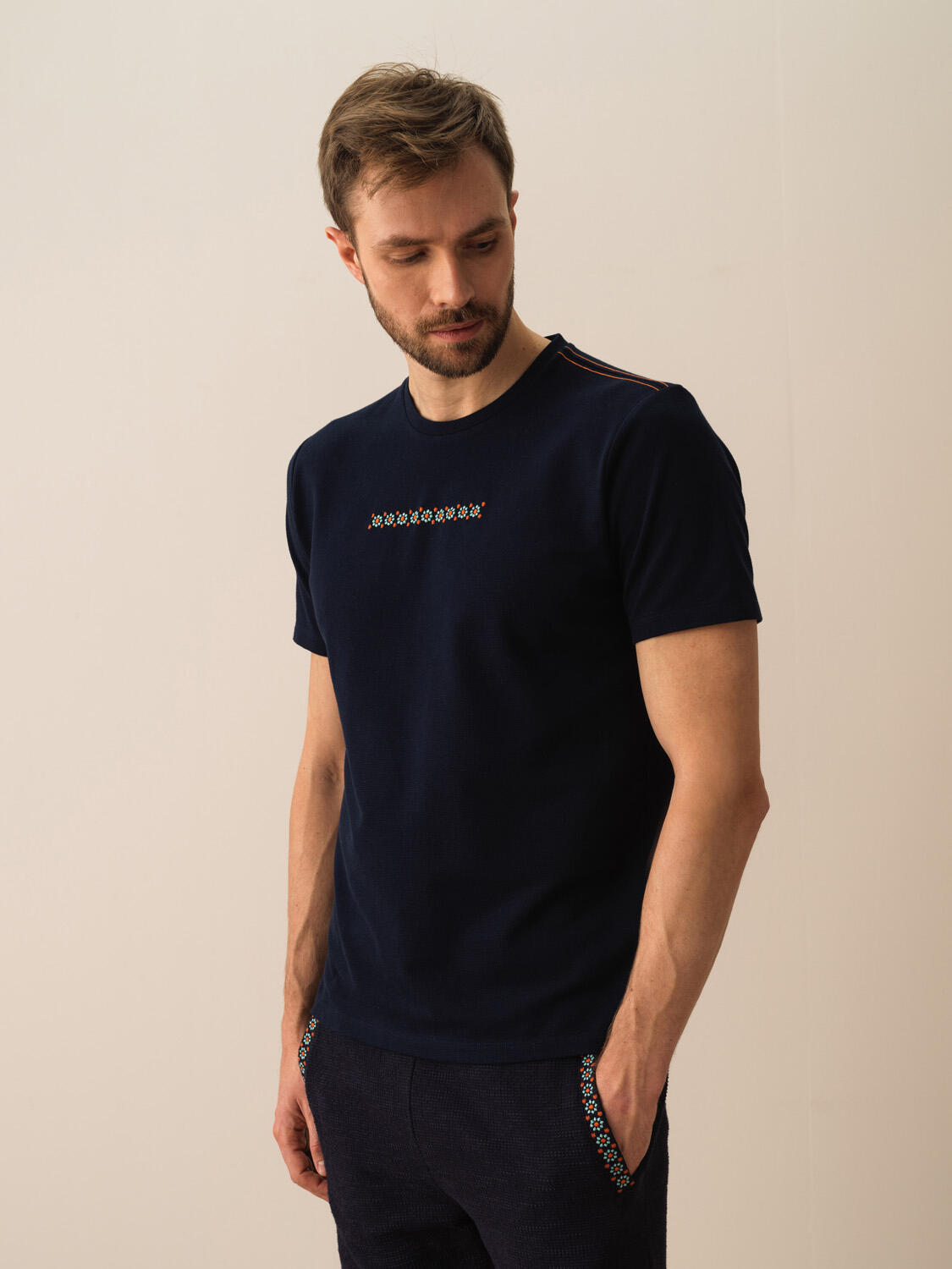 Lacivert Pamuk Dokulu Regular Fit Tişört