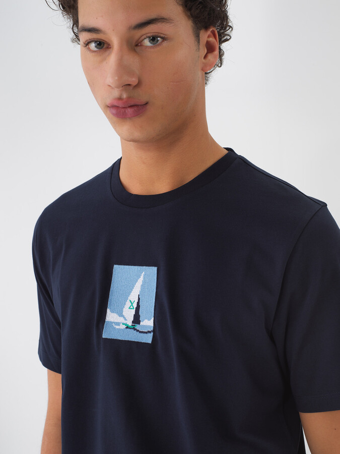 Lacivert Pamuk Dokulu Regular Fit Tişört - 3