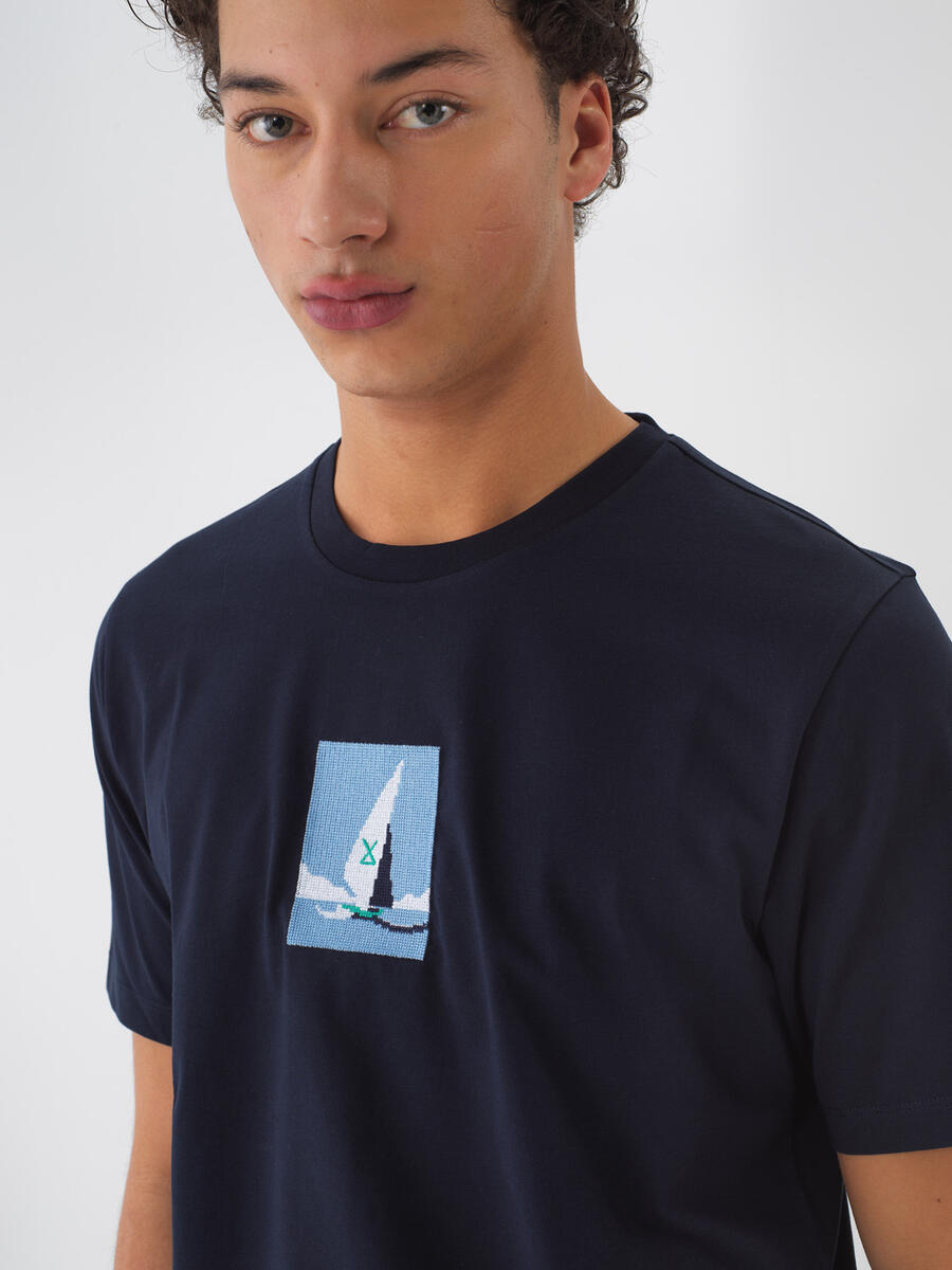 Lacivert Pamuk Dokulu Regular Fit Tişört - 3