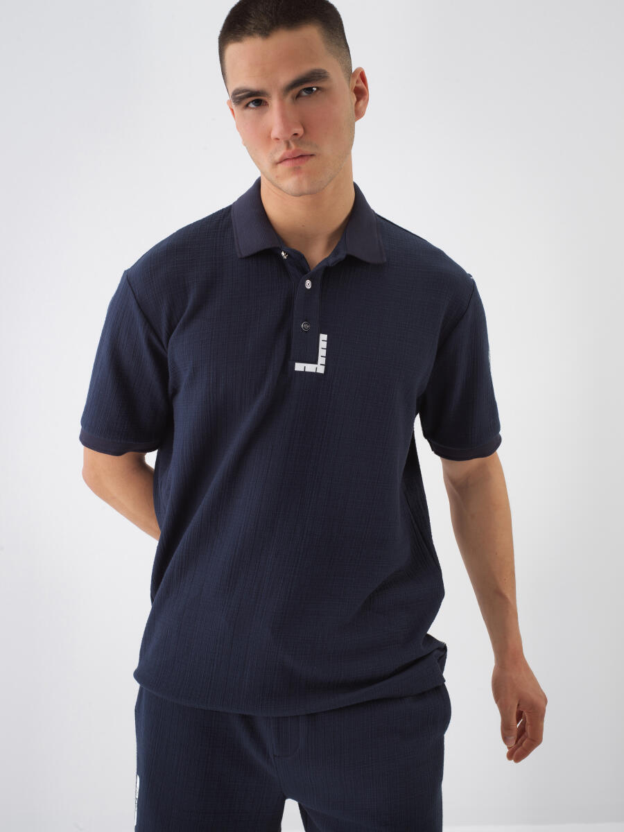 Lacivert Pamuk Dokulu Regular Fit Tişört - 1