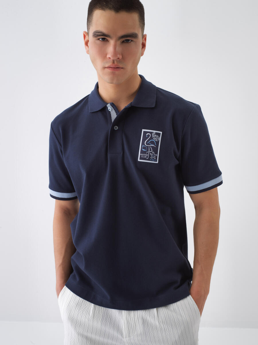 Lacivert Pamuk Dokulu Regular Fit Tişört - 1