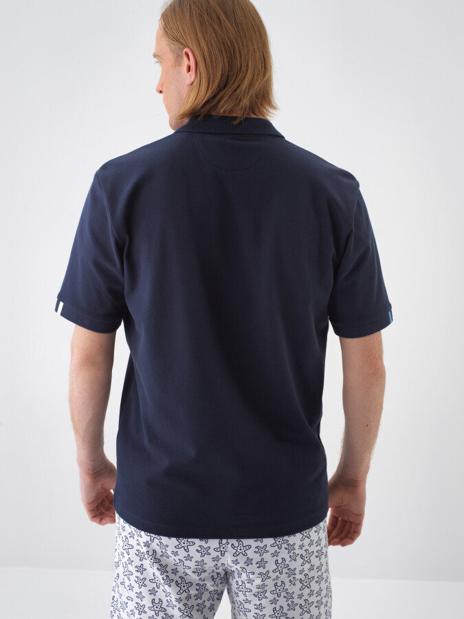 Lacivert Pamuk Dokulu Regular Fit Tişört - 4