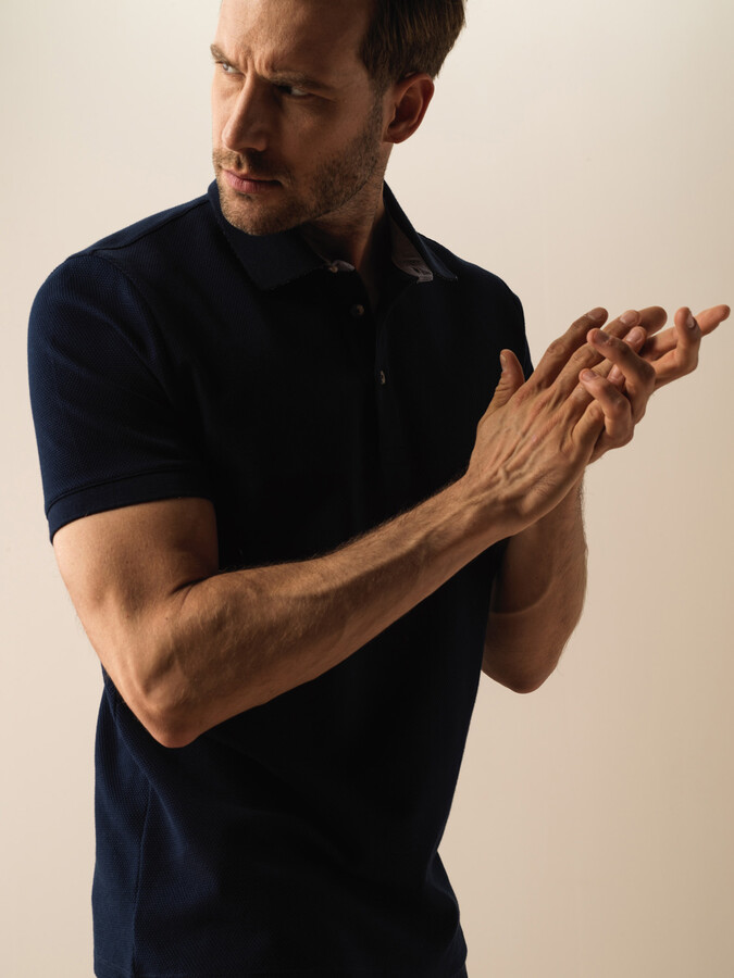 Lacivert Pamuk Dokulu Slim Fit Tişört - 1