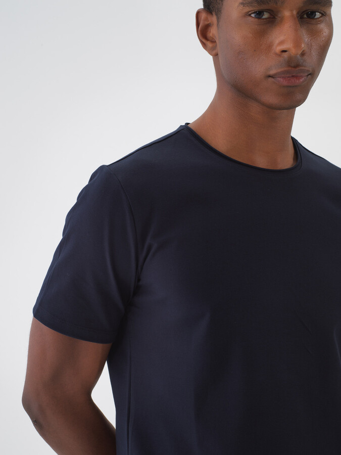 Lacivert Pamuk Dokulu Slim Fit Tişört - 3