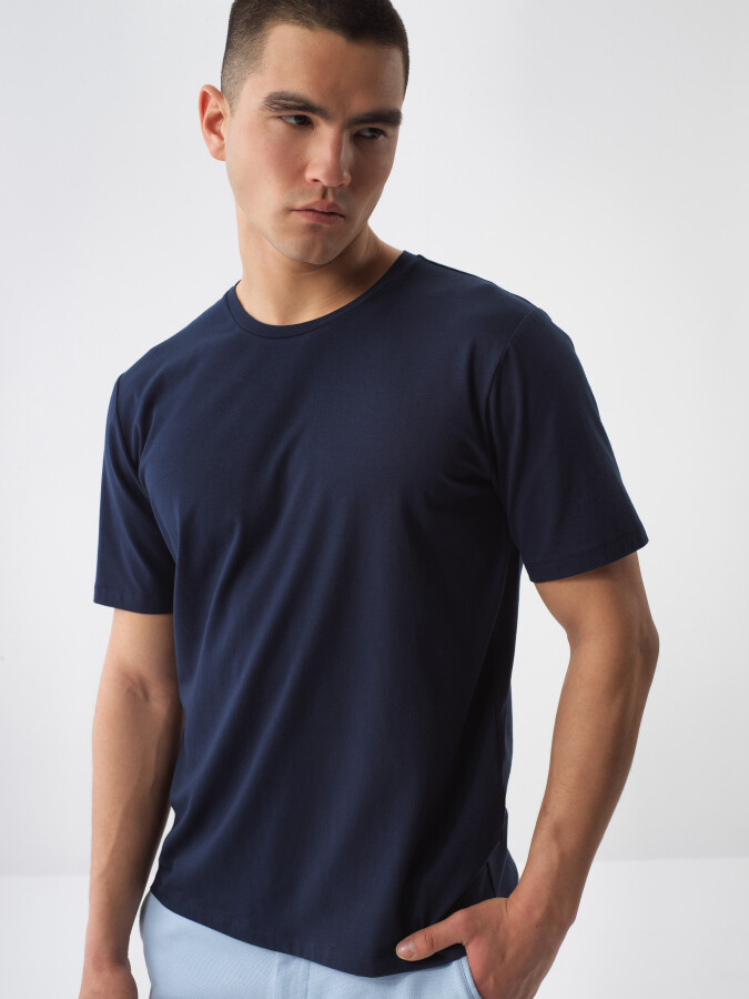 Lacivert Pamuk Dokulu Slim Fit Tişört - 1