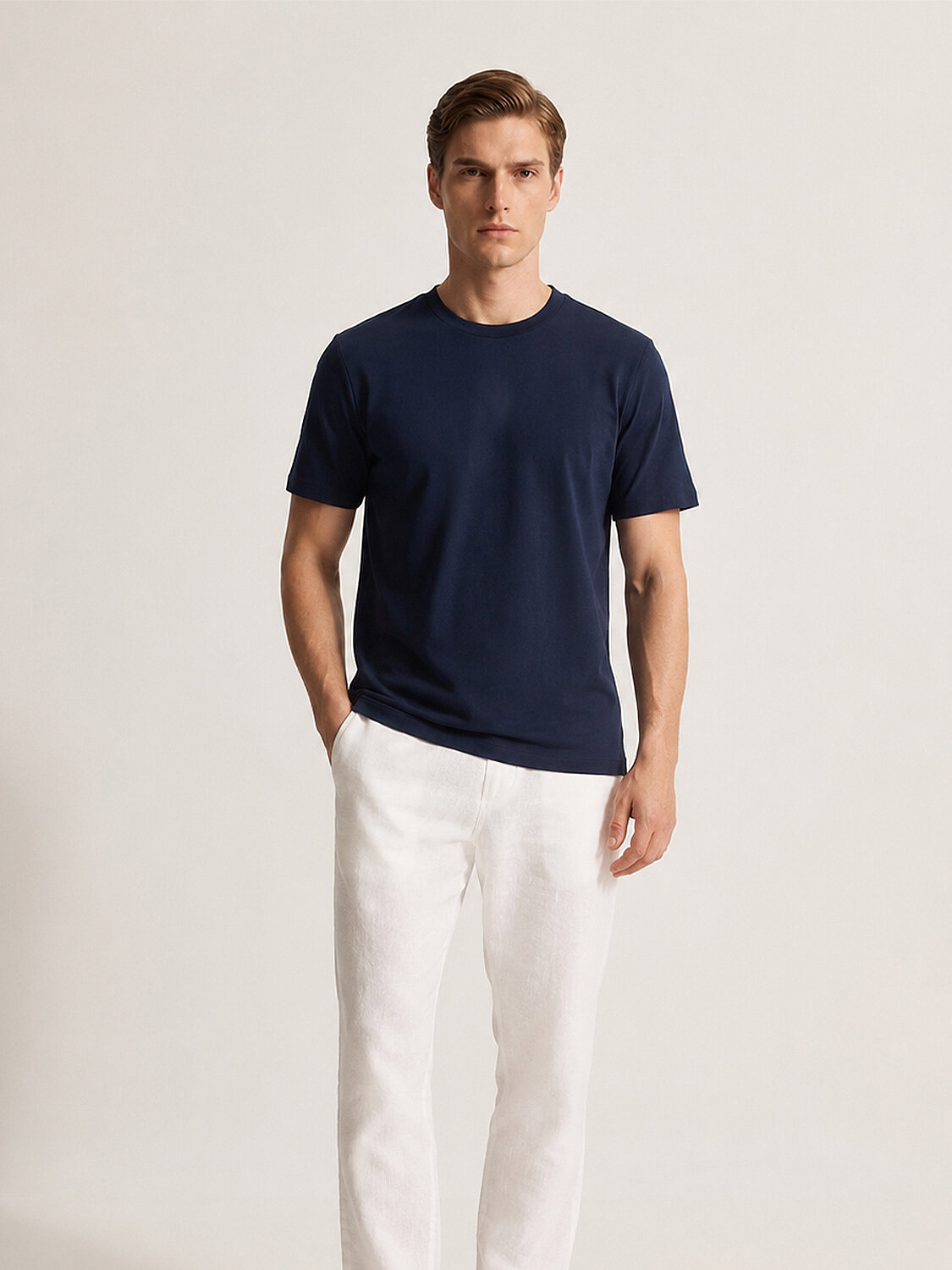 Lacivert Pamuk Dokulu Slim Fit Tişört - 1