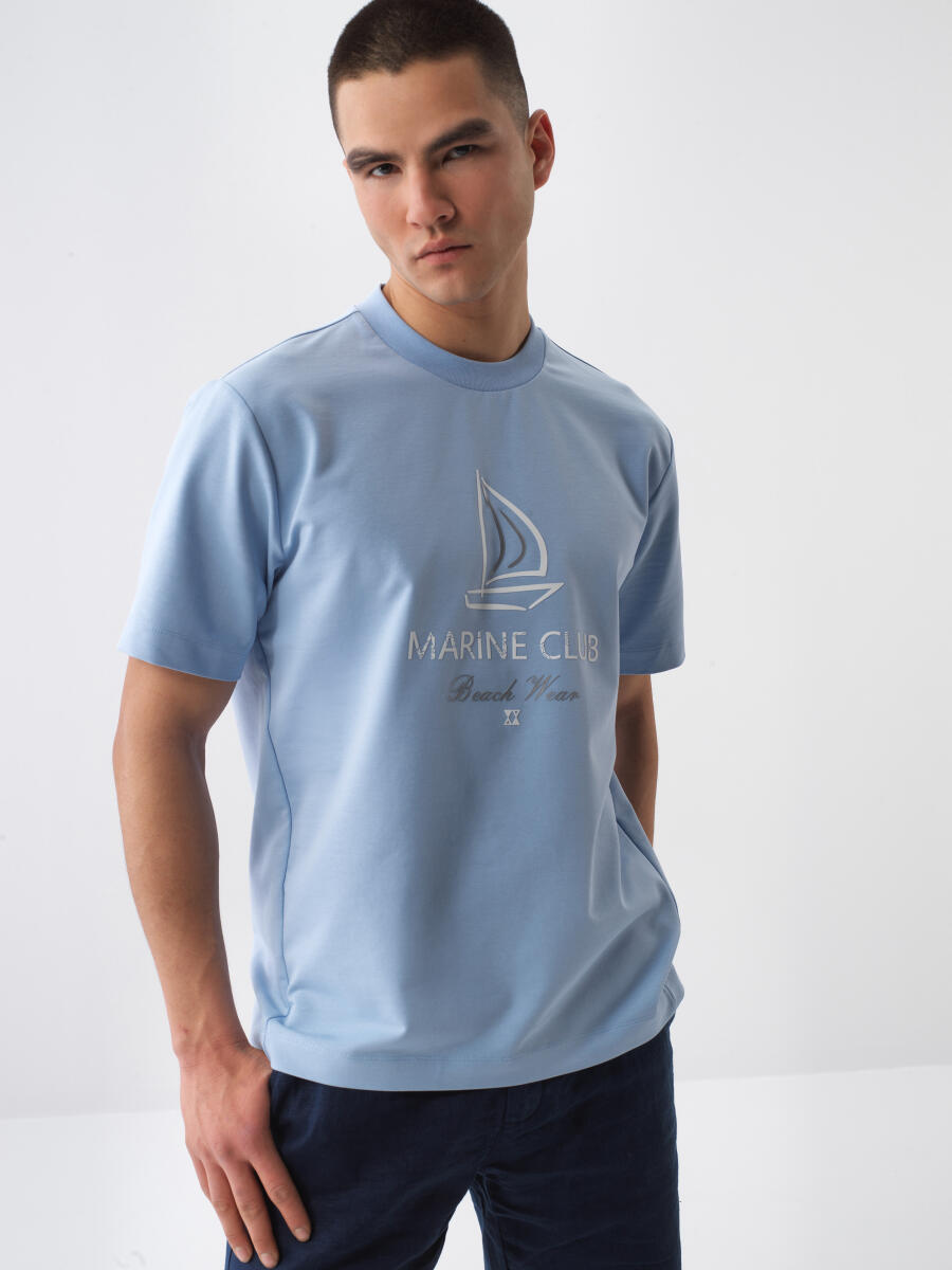 Mavi Pamuk Dokulu Regular Fit Tişört - 1
