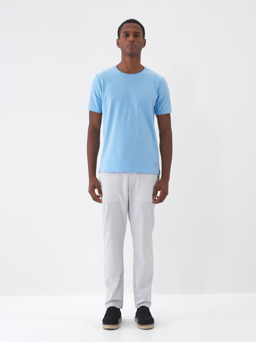 Mavi Pamuk Dokulu Slim Fit Tişört - 1