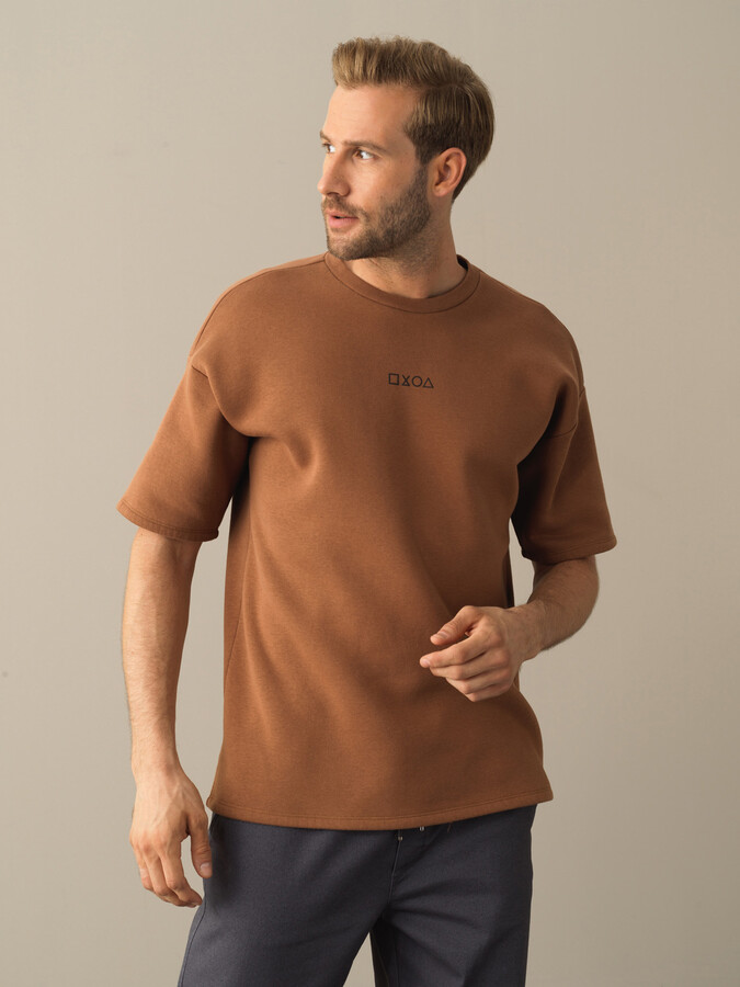 Camel Pamuk Dokulu Oversize Baskılı Sweatshirt - Xint