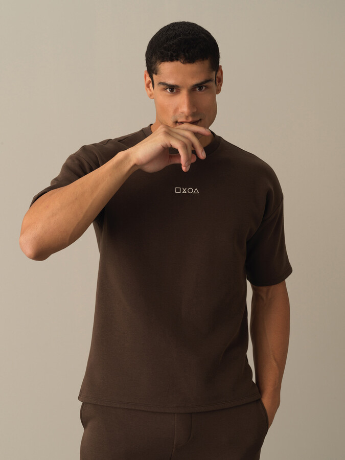 Kahverengi Pamuk Dokulu Oversize Baskılı Sweatshirt - Xint