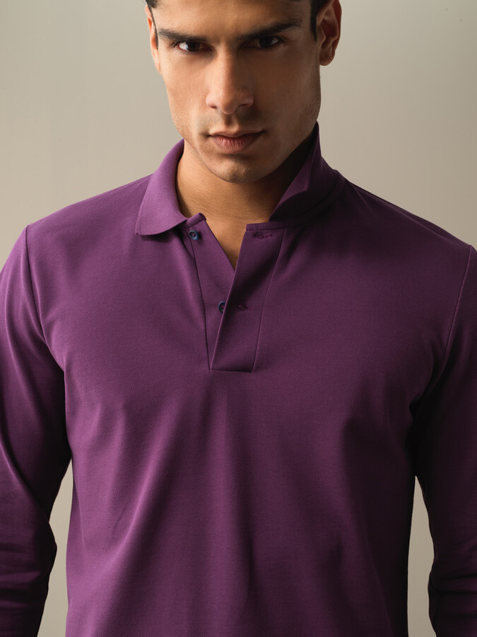 Mor Pamuk Dokulu Regular Fit Polo Tişört - Xint