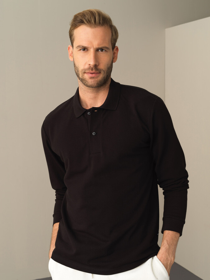 Siyah Pamuk Dokulu Regular Fit Polo Tişört - Xint