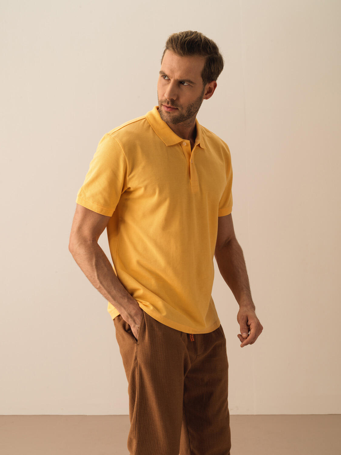 Sarı Pamuk Dokulu Regular Fit Tişört