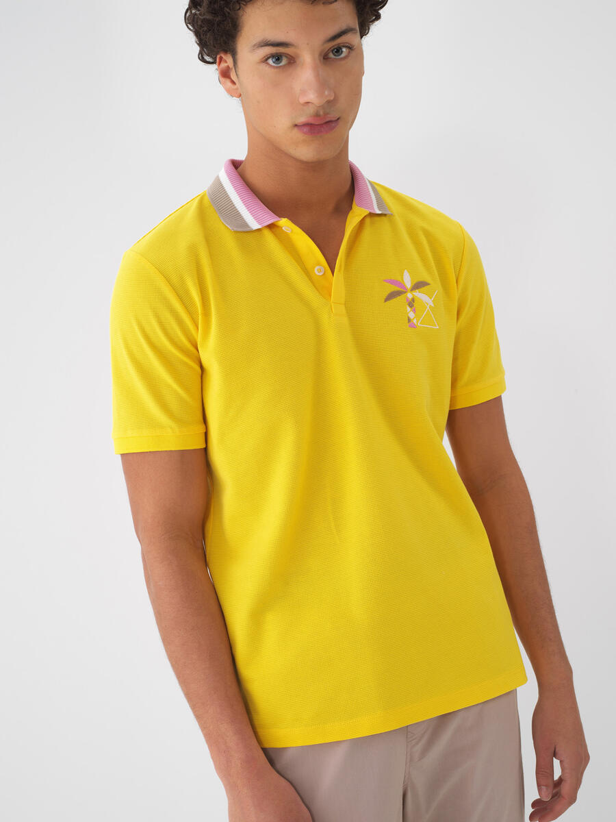 Sarı Pamuk Dokulu Regular Fit Tişört - 1