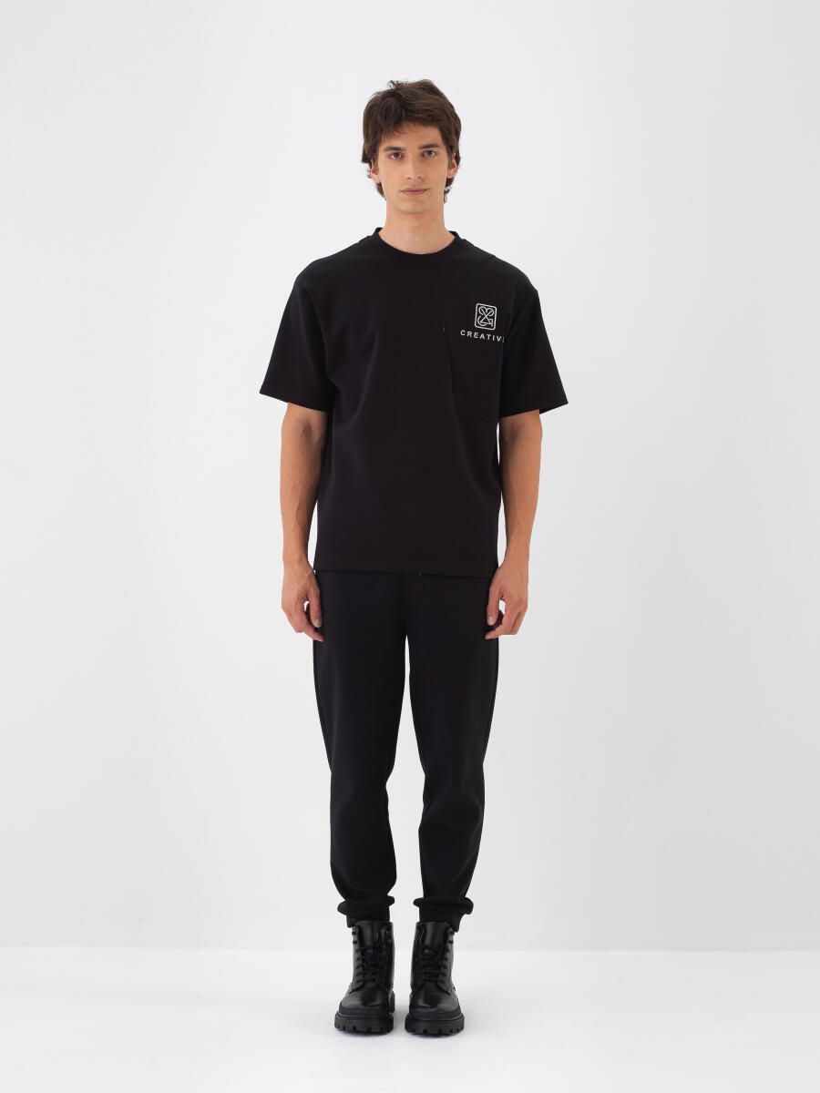 Siyah Pamuk Dokulu Oversize Tişört