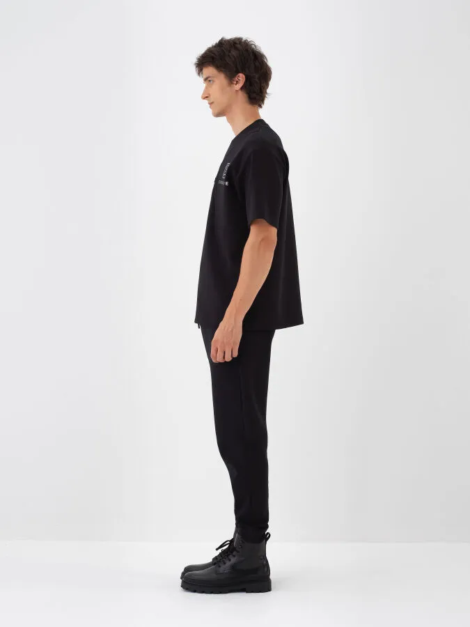 Siyah Pamuk Dokulu Oversize Tişört - Xint