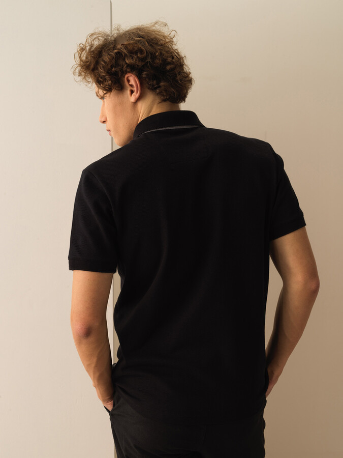 Siyah Pamuk Dokulu Slim Fit Tişört - 3