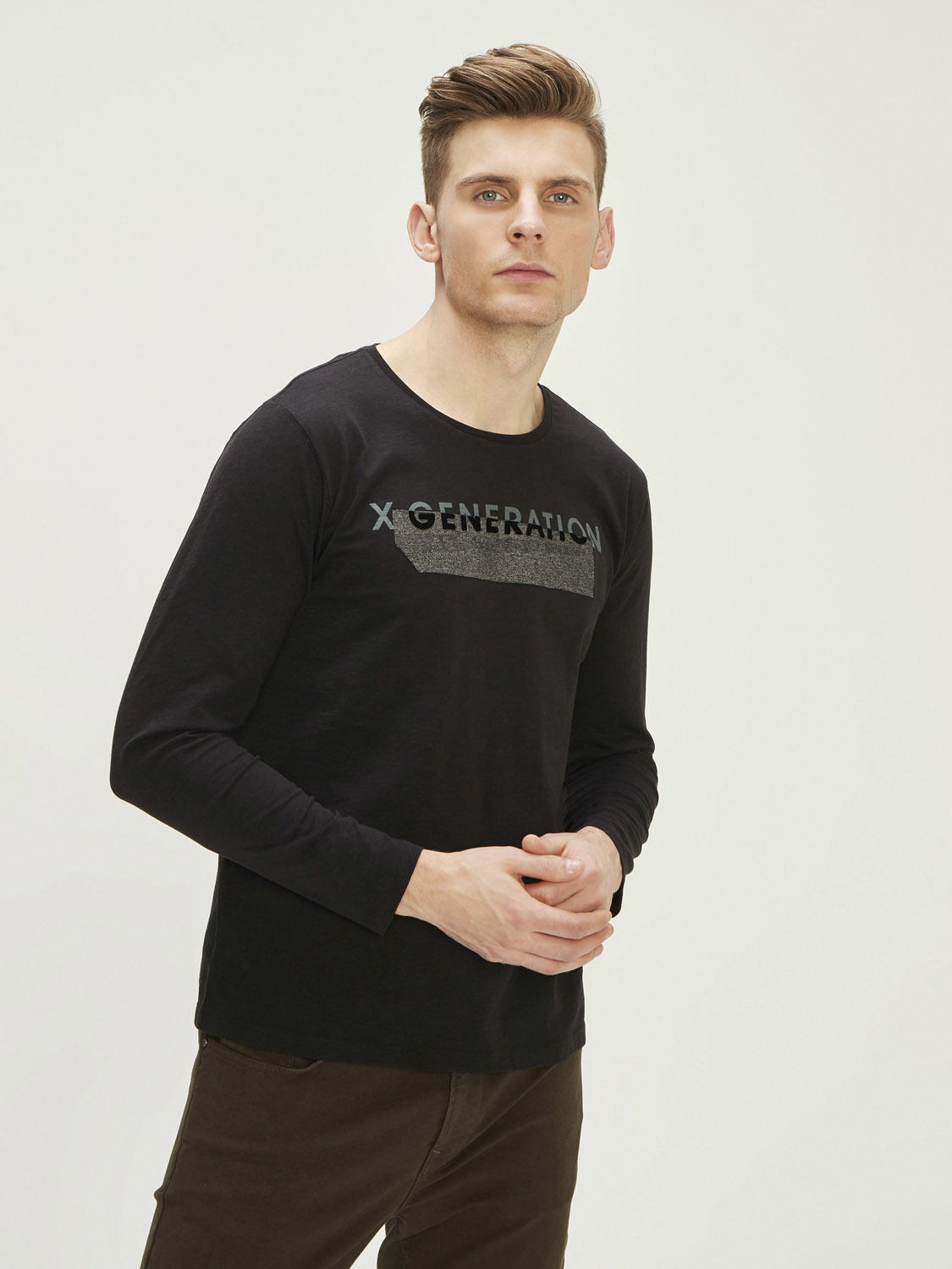 Bisiklet Yaka Baskılı %100 Pamuk Slim Fit Tişört