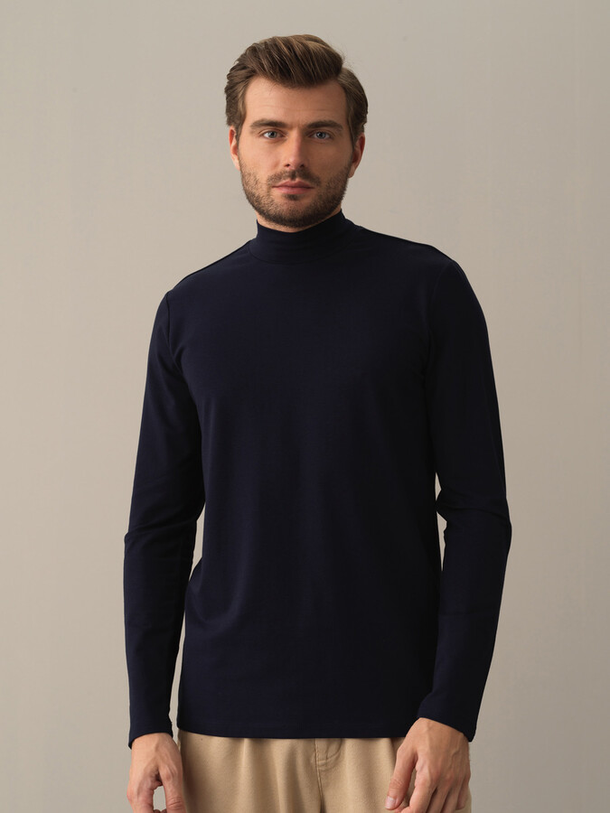 Lacivert Modal Dokulu Slim Fit Tişört - Xint