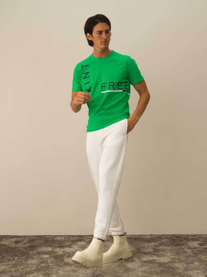 Yeşil Pamuk Dokulu Regular Fit Tişört - Xint