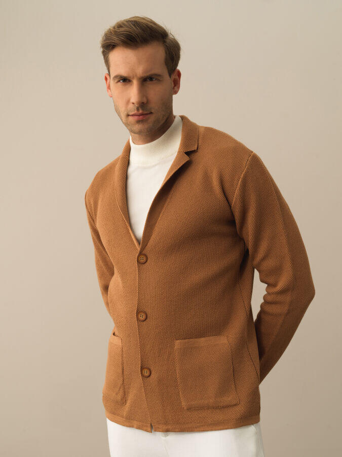 Xint Toptan Camel Dokulu Pamuk Dokulu Regular Fit Triko Ceket