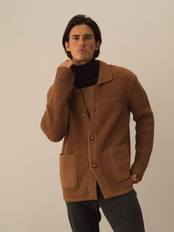 Xint Toptan Camel Doğal Yün Dokulu Regular Fit Triko Ceket