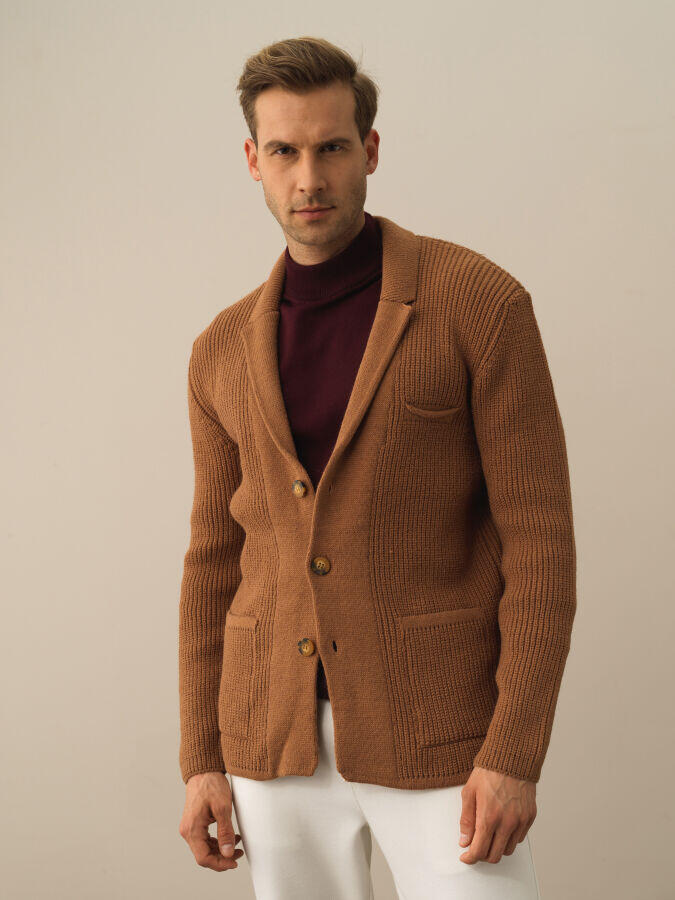 Xint Toptan Camel Doğal Yün Dokulu Regular Fit Triko Ceket