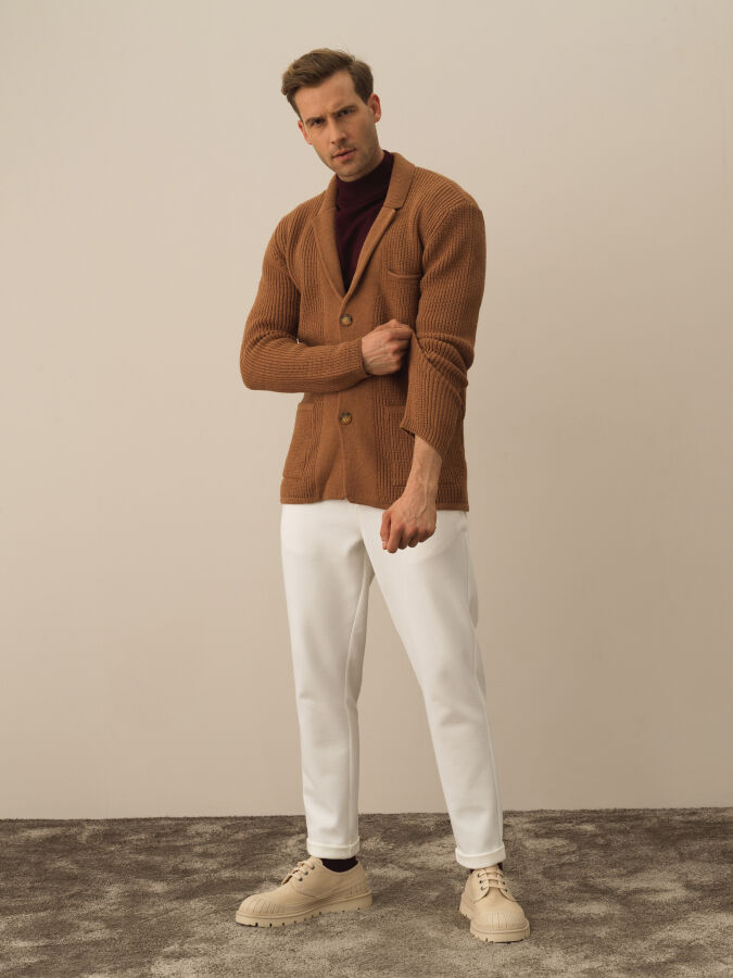 Camel Doğal Yün Dokulu Regular Fit Triko Ceket - Xint