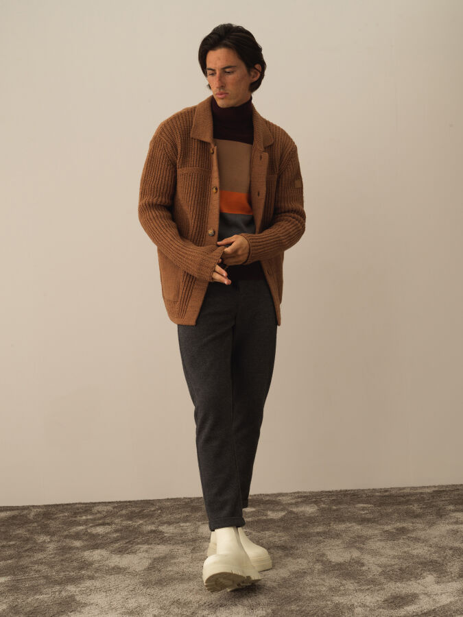 Camel Doğal Yün Dokulu Regular Fit Triko Ceket - Xint