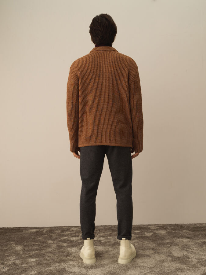 Camel Doğal Yün Dokulu Regular Fit Triko Ceket - Xint