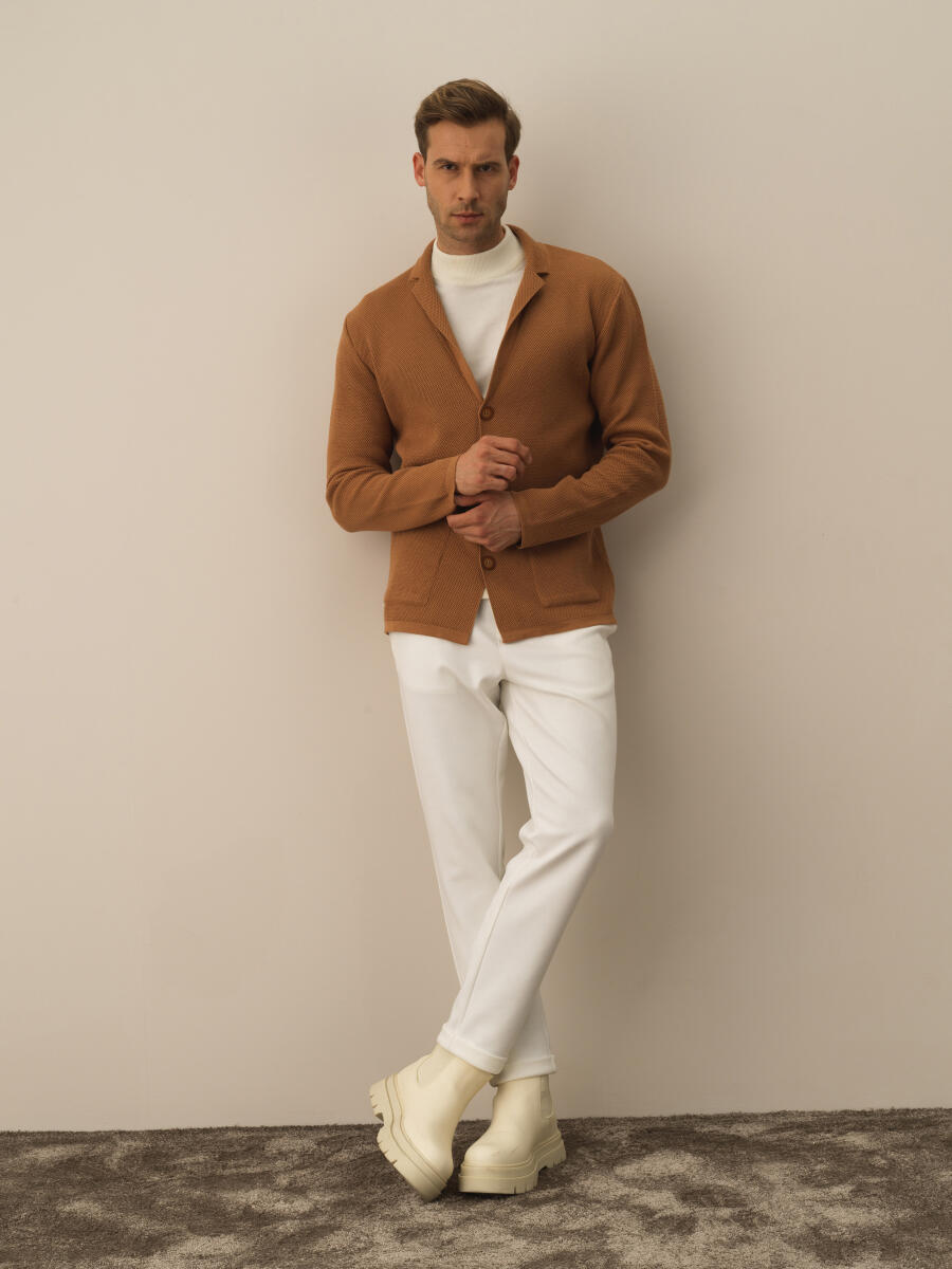 Camel Dokulu Pamuk Dokulu Regular Fit Triko Ceket