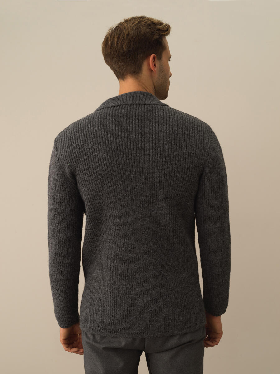 Koyu Gri Dokulu Doğal Yün Dokulu Regular Fit Triko Ceket - 4