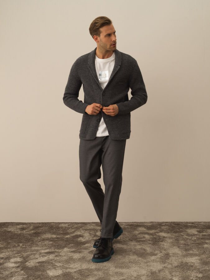 Koyu Gri Dokulu Doğal Yün Dokulu Regular Fit Triko Ceket - Xint
