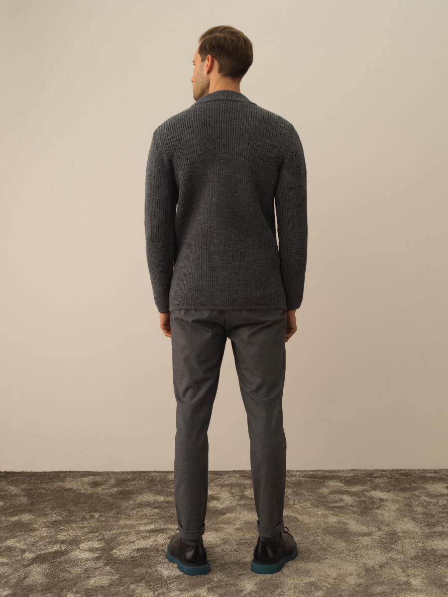Koyu Gri Dokulu Doğal Yün Dokulu Regular Fit Triko Ceket - 5