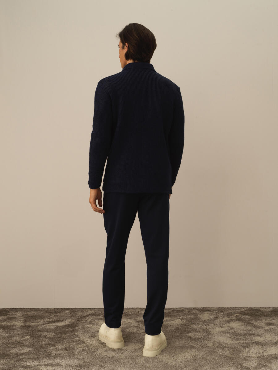 Lacivert Doğal Yün Dokulu Regular Fit Triko Ceket - 4