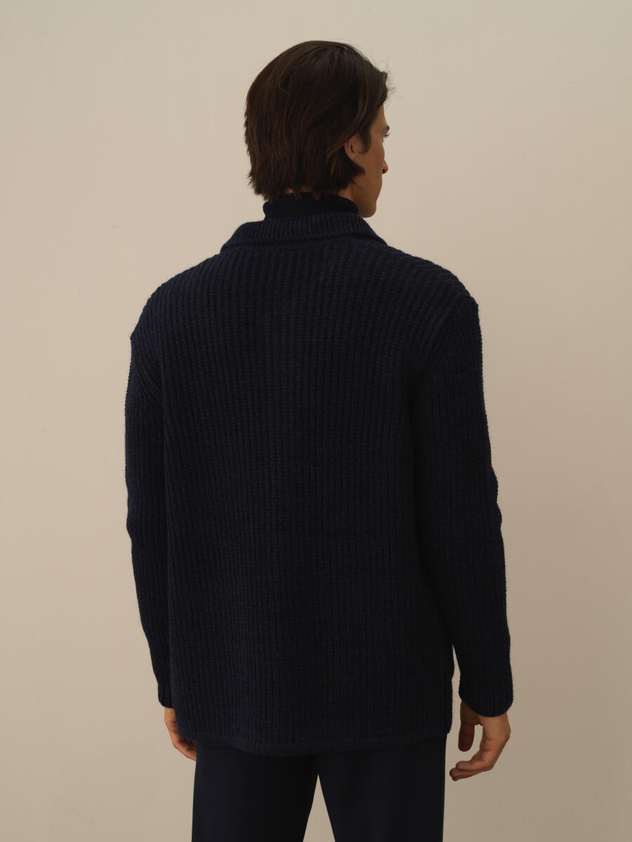 Lacivert Doğal Yün Dokulu Regular Fit Triko Ceket - 5