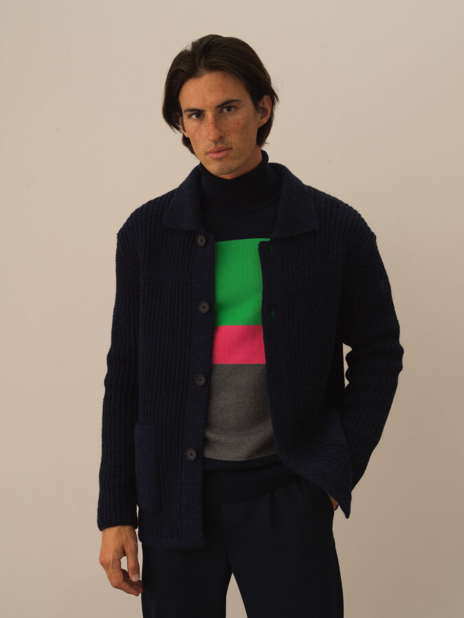 Lacivert Doğal Yün Dokulu Regular Fit Triko Ceket - Xint