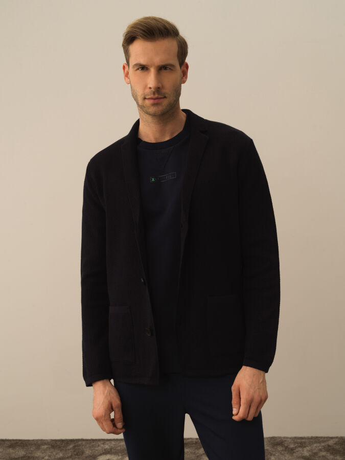 Lacivert Pamuk Dokulu Regular Fit Triko Ceket - Xint